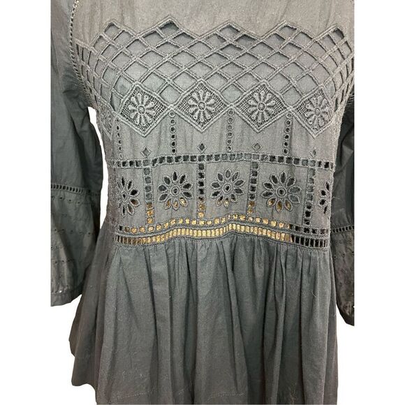 Blue Rain Peplum Black Top Blouse Shirt Size Small Cut Out Crochet Career - Picture 5 of 8